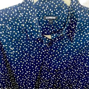 Express Navy Blue Dress Shirt Cream polka dots